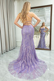 Lilac Mermaid Spaghetti Straps Glitter Sequins Long Prom Dress