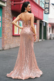 Sparkly Rose Golden Mermaid Beaded Ruched Sequin Corset Long Prom Dress with Slit