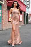 Rose Golden Mermaid Ruched Sparkly Sequin Corset Beaded Long Prom Dress with Slit