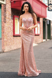 Rose Golden Mermaid Ruched Sparkly Sequin Corset Beaded Long Prom Dress with Slit