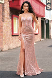 Rose Golden Mermaid Ruched Sparkly Sequin Corset Beaded Long Prom Dress with Slit