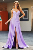 Sparkly Simple Lilac A-Line Side Slit Corset Prom Dresses with Rhinestones