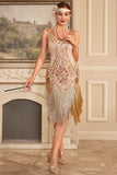 Sparkly Apricot V Neck Gatsby Sequined Fringed Gatsby Dress