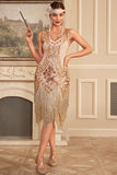 Sparkly Apricot V Neck Gatsby Sequined Fringed Gatsby Dress