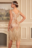 Sparkly Apricot V Neck Gatsby Sequined Fringed Gatsby Dress