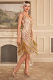 Sparkly Apricot V Neck Gatsby Sequined Fringed Gatsby Dress