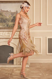 Sparkly Apricot V Neck Gatsby Sequined Fringed Gatsby Dress