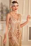 Sparkly Apricot V Neck Gatsby Sequined Fringed Gatsby Dress