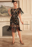 Black Golden Sheath Round Neck Sequined Fringed Gatsby Dress