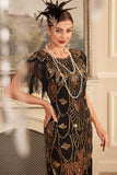 Black Golden Sheath Round Neck Sequined Fringed Gatsby Dress