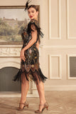 Black Golden Sheath Round Neck Sequined Fringed Gatsby Dress