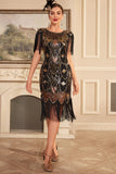 Black Golden Sheath Round Neck Sequined Fringed Gatsby Dress