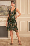 Green Golden Sheath Sequins Fringed Flapper Gatsby Dress