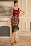 Sparkly Burgundy Sleeveless Sequins Fringed Flapper Gatsby Dress