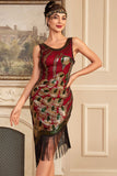 Sparkly Burgundy Sleeveless Sequins Fringed Flapper Gatsby Dress