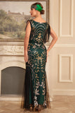 Green Golden Sheath V Neck Long Sequined Fringed Gatsby Dress