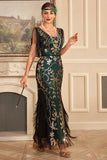 Green Golden Sheath V Neck Long Sequined Fringed Gatsby Dress