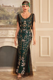 Green Golden Sheath V Neck Long Sequined Fringed Gatsby Dress