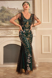 Green Golden Sheath V Neck Long Sequined Fringed Gatsby Dress