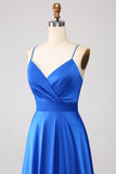 Royal Blue A Line V Neck Open Back Pleated Satin Long Prom Dress with Slit