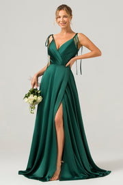 Dark Green A-Line Spaghetti Straps Pleated Satin Long Bridesmaid Dress With Slit