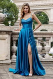 Dark Blue A Line Spaghetti Straps Split Corset Long Prom Dress With Beading