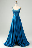 Dark Blue A Line Spaghetti Straps Split Corset Long Prom Dress With Beading