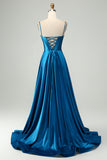 Dark Blue A Line Spaghetti Straps Split Corset Long Prom Dress With Beading