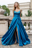 Dark Blue A Line Spaghetti Straps Split Corset Long Prom Dress With Beading