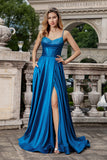 Dark Blue A Line Spaghetti Straps Split Corset Long Prom Dress With Beading