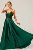 Sparkly Dark Green A-Line Spaghetti Straps Sequin Long Prom Dress