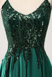 Sparkly Dark Green A-Line Spaghetti Straps Long Prom Dress With Sequins