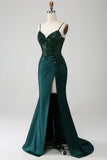 Dark Green Mermaid Spaghetti Straps Pleated Sequin Prom Dress With Slit