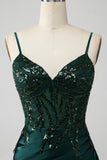 Dark Green Mermaid Spaghetti Straps Pleated Sequin Prom Dress With Slit