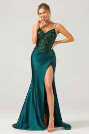 Dark Green Mermaid Spaghetti Straps Pleated Sequin Bridesmaid Dress With Slit