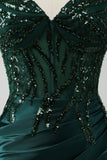 Dark Green Mermaid Spaghetti Straps Pleated Sequin Prom Dress With Slit