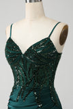 Dark Green Mermaid Spaghetti Straps Pleated Sequin Prom Dress With Slit