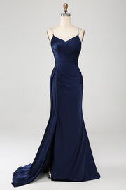 Navy Mermaid Spaghetti Straps Pleated Sequin Maxi Dress With Slit