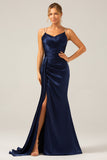 Navy Mermaid Spaghetti Straps Pleated Sequin Maxi Dress With Slit