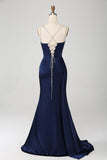 Navy Mermaid Spaghetti Straps Pleated Sequin Maxi Dress With Slit