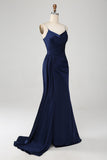 Navy Mermaid Spaghetti Straps Pleated Sequin Maxi Dress With Slit