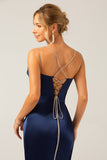 Navy Mermaid Spaghetti Straps Pleated Sequin Maxi Dress With Slit