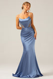 Grey Blue Mermaid Spaghetti Straps Cut Out Satin Floor Length Dress