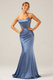 Grey Blue Mermaid Spaghetti Straps Cut Out Satin Floor Length Dress