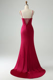 Burgundy Mermaid Spaghetti Straps Pleated Prom Dress With Slit