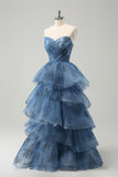 Grey Blue A Line Strapless Print Pleated Tiered Long Prom Dress With Lace-Up Back