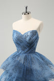 Grey Blue A Line Strapless Print Pleated Tiered Long Prom Dress With Lace-Up Back