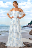 A-Line White Blue Floral Off The Shoulder Tiered Long Bridesmaid Dress