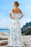 A-Line White Blue Floral Off The Shoulder Tiered Long Bridesmaid Dress