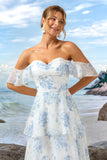 A-Line White Blue Floral Off The Shoulder Tiered Long Bridesmaid Dress